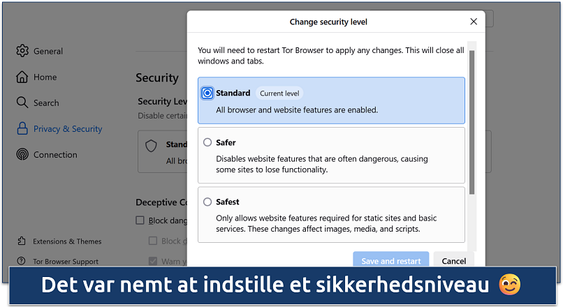 Screenshots of the Tor Browser Change security settings page