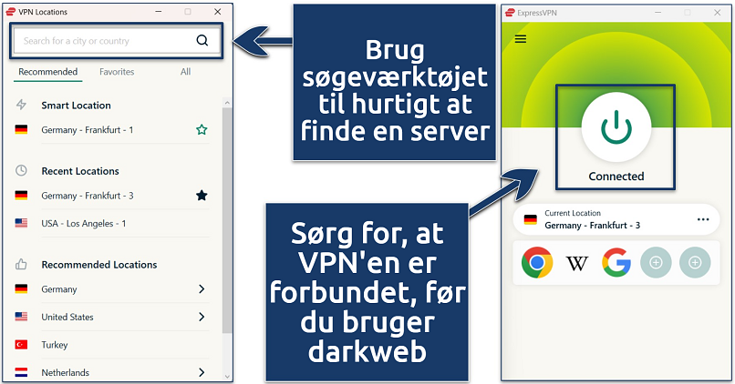 Screenshots of the ExpressVPN Windows app with an active connection to the Germany - Frankfurt - 3 server