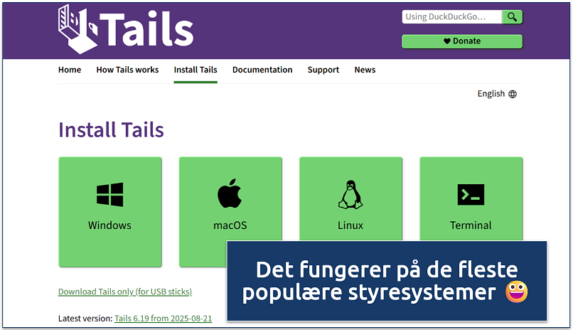 Screenshot of the Tails OS installation page showing options for Windows, macOS, Linux, and Terminal